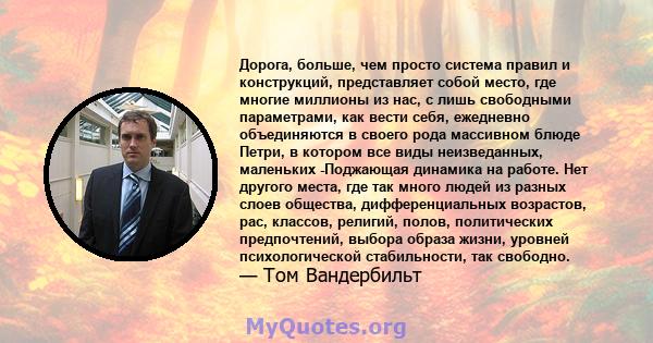 Дорога, больше, чем просто система правил и конструкций, представляет собой место, где многие миллионы из нас, с лишь свободными параметрами, как вести себя, ежедневно объединяются в своего рода массивном блюде Петри, в 