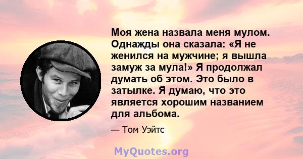 Моя жена назвала меня мулом. Однажды она сказала: «Я не женился на мужчине; я вышла замуж за мула!» Я продолжал думать об этом. Это было в затылке. Я думаю, что это является хорошим названием для альбома.