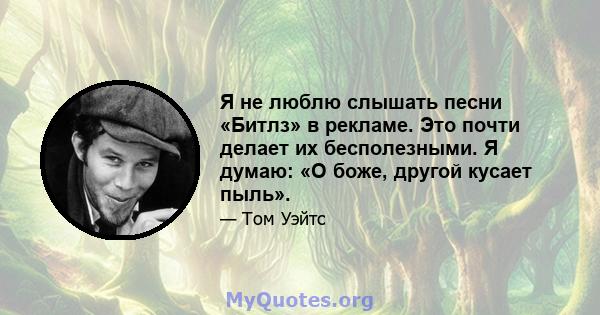 Я не люблю слышать песни «Битлз» в рекламе. Это почти делает их бесполезными. Я думаю: «О боже, другой кусает пыль».