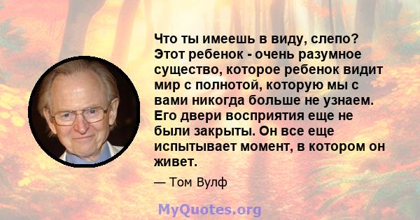 Что ты имеешь в виду, слепо? Этот ребенок - очень разумное существо, которое ребенок видит мир с полнотой, которую мы с вами никогда больше не узнаем. Его двери восприятия еще не были закрыты. Он все еще испытывает