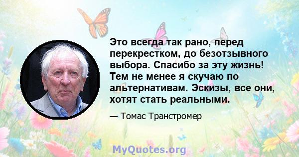 Это всегда так рано, перед перекрестком, до безотзывного выбора. Спасибо за эту жизнь! Тем не менее я скучаю по альтернативам. Эскизы, все они, хотят стать реальными.