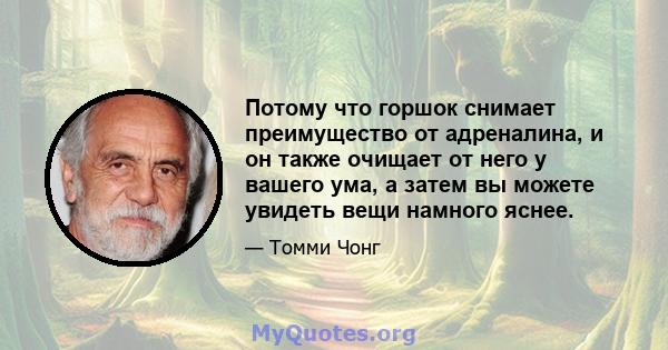 Потому что горшок снимает преимущество от адреналина, и он также очищает от него у вашего ума, а затем вы можете увидеть вещи намного яснее.