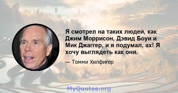 Я смотрел на таких людей, как Джим Моррисон, Дэвид Боуи и Мик Джаггер, и я подумал, ах! Я хочу выглядеть как они.