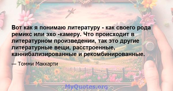 Вот как я понимаю литературу - как своего рода ремикс или эхо -камеру. Что происходит в литературном произведении, так это другие литературные вещи, расстроенные, каннибализированные и рекомбинированные.