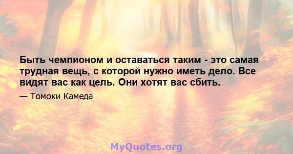 Быть чемпионом и оставаться таким - это самая трудная вещь, с которой нужно иметь дело. Все видят вас как цель. Они хотят вас сбить.