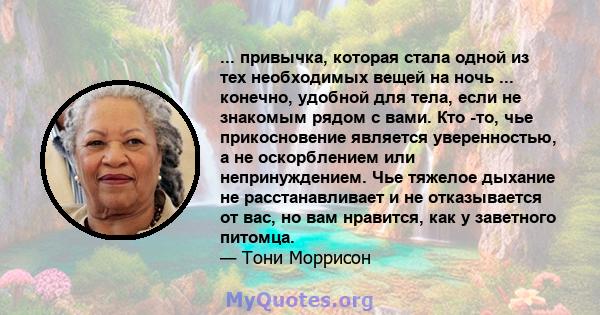 ... привычка, которая стала одной из тех необходимых вещей на ночь ... конечно, удобной для тела, если не знакомым рядом с вами. Кто -то, чье прикосновение является уверенностью, а не оскорблением или непринуждением.