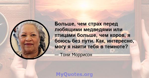 Больше, чем страх перед любящими медведями или птицами больше, чем коров, я боюсь без пути. Как, интересно, могу я найти тебя в темноте?