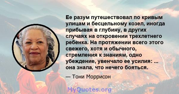 Ее разум путешествовал по кривым улицам и бесцельному козел, иногда прибывая в глубину, в других случаях на откровении трехлетнего ребенка. На протяжении всего этого свежего, хотя и обычного, стремления к знаниям, одно