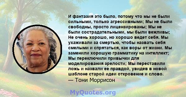 И фантазия это было, потому что мы не были сильными, только агрессивными; Мы не были свободны, просто лицензированы; Мы не были сострадательными, мы были вежливы; Не очень хорошо, но хорошо ведет себя. Мы ухаживали за