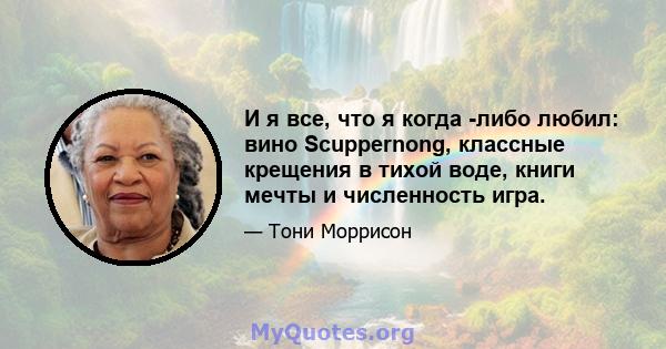 И я все, что я когда -либо любил: вино Scuppernong, классные крещения в тихой воде, книги мечты и численность игра.