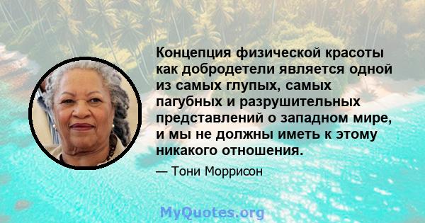 Концепция физической красоты как добродетели является одной из самых глупых, самых пагубных и разрушительных представлений о западном мире, и мы не должны иметь к этому никакого отношения.