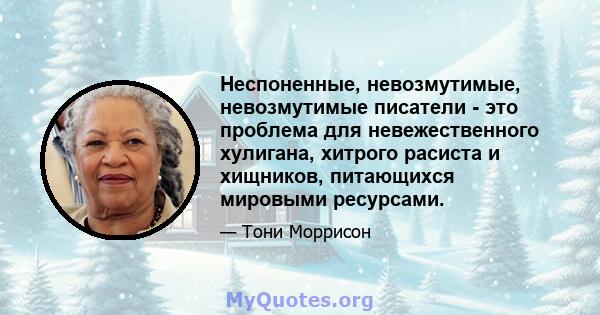 Неспоненные, невозмутимые, невозмутимые писатели - это проблема для невежественного хулигана, хитрого расиста и хищников, питающихся мировыми ресурсами.