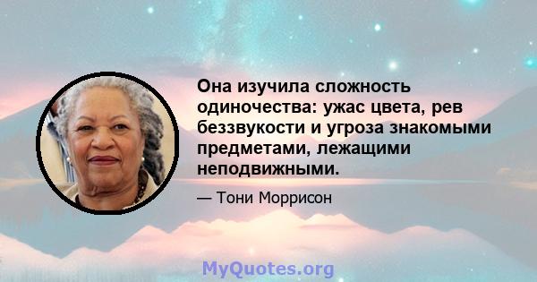 Она изучила сложность одиночества: ужас цвета, рев беззвукости и угроза знакомыми предметами, лежащими неподвижными.