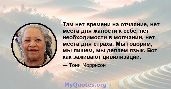 Там нет времени на отчаяние, нет места для жалости к себе, нет необходимости в молчании, нет места для страха. Мы говорим, мы пишем, мы делаем язык. Вот как заживают цивилизации.