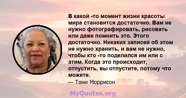 В какой -то момент жизни красоты мира становится достаточно. Вам не нужно фотографировать, рисовать или даже помнить это. Этого достаточно. Никаких записей об этом не нужно хранить, и вам не нужно, чтобы кто -то