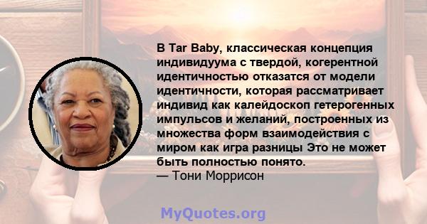 В Tar Baby, классическая концепция индивидуума с твердой, когерентной идентичностью отказатся от модели идентичности, которая рассматривает индивид как калейдоскоп гетерогенных импульсов и желаний, построенных из