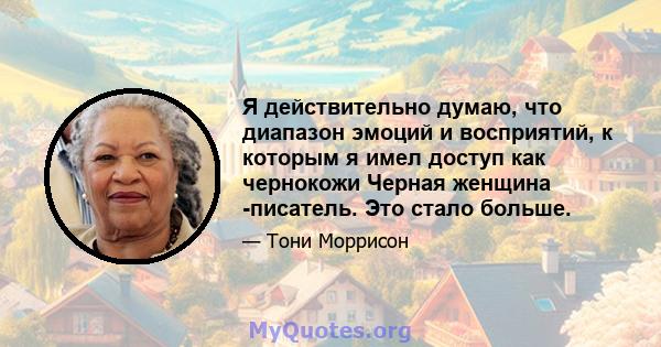 Я действительно думаю, что диапазон эмоций и восприятий, к которым я имел доступ как чернокожи Черная женщина -писатель. Это стало больше.