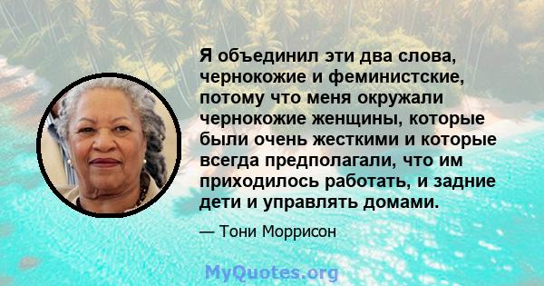 Я объединил эти два слова, чернокожие и феминистские, потому что меня окружали чернокожие женщины, которые были очень жесткими и которые всегда предполагали, что им приходилось работать, и задние дети и управлять домами.