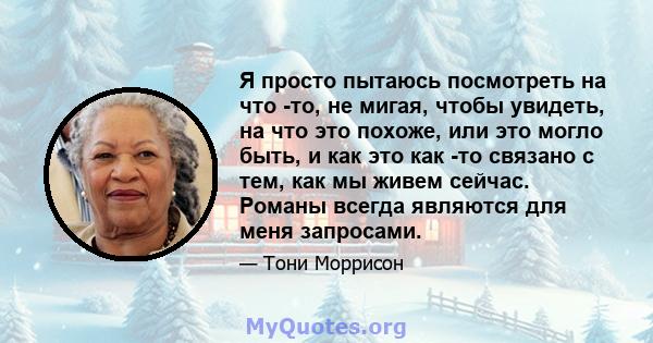 Я просто пытаюсь посмотреть на что -то, не мигая, чтобы увидеть, на что это похоже, или это могло быть, и как это как -то связано с тем, как мы живем сейчас. Романы всегда являются для меня запросами.