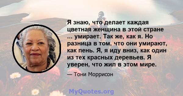 Я знаю, что делает каждая цветная женщина в этой стране ... умирает. Так же, как я. Но разница в том, что они умирают, как пень. Я, я иду вниз, как один из тех красных деревьев. Я уверен, что жил в этом мире.