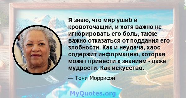 Я знаю, что мир ушиб и кровоточащий, и хотя важно не игнорировать его боль, также важно отказаться от поддания его злобности. Как и неудача, хаос содержит информацию, которая может привести к знаниям - даже мудрости.