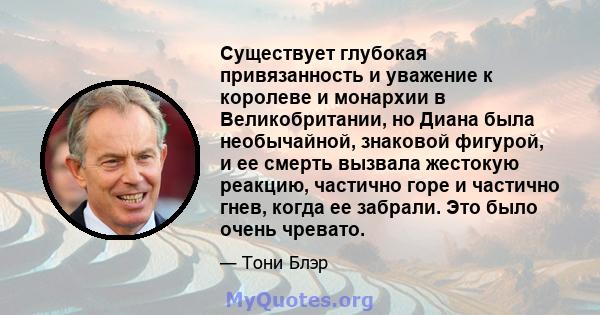 Существует глубокая привязанность и уважение к королеве и монархии в Великобритании, но Диана была необычайной, знаковой фигурой, и ее смерть вызвала жестокую реакцию, частично горе и частично гнев, когда ее забрали.