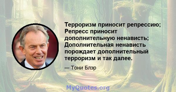 Терроризм приносит репрессию; Репресс приносит дополнительную ненависть; Дополнительная ненависть порождает дополнительный терроризм и так далее.