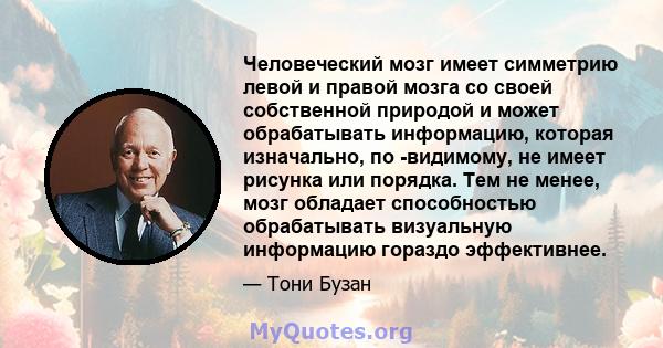 Человеческий мозг имеет симметрию левой и правой мозга со своей собственной природой и может обрабатывать информацию, которая изначально, по -видимому, не имеет рисунка или порядка. Тем не менее, мозг обладает