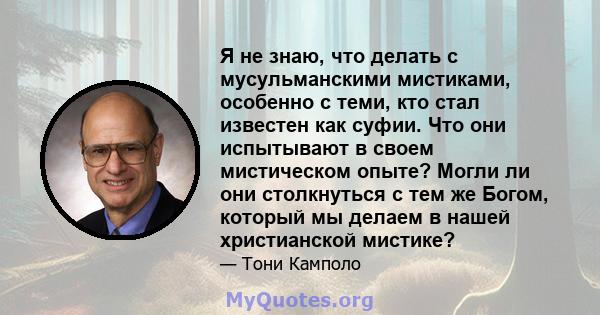 Я не знаю, что делать с мусульманскими мистиками, особенно с теми, кто стал известен как суфии. Что они испытывают в своем мистическом опыте? Могли ли они столкнуться с тем же Богом, который мы делаем в нашей