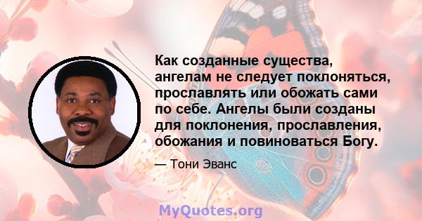 Как созданные существа, ангелам не следует поклоняться, прославлять или обожать сами по себе. Ангелы были созданы для поклонения, прославления, обожания и повиноваться Богу.