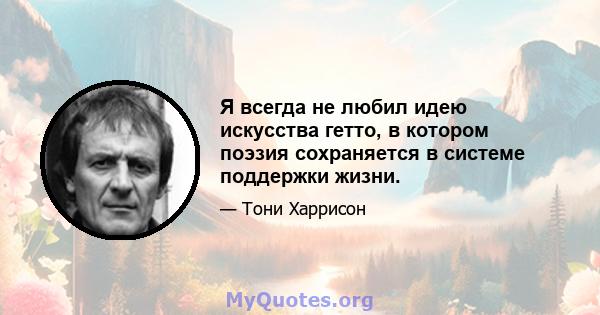 Я всегда не любил идею искусства гетто, в котором поэзия сохраняется в системе поддержки жизни.