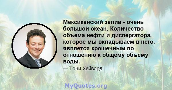 Мексиканский залив - очень большой океан. Количество объема нефти и диспергатора, которое мы вкладываем в него, является крошечным по отношению к общему объему воды.