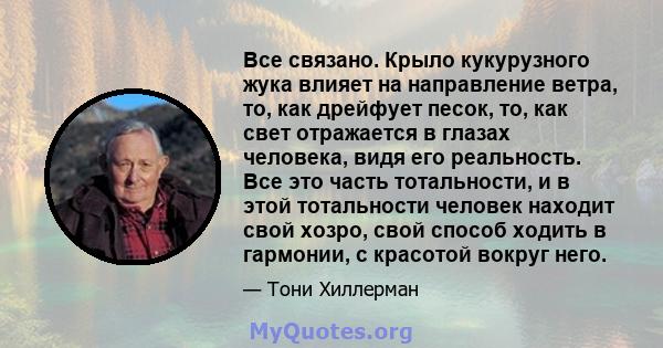 Все связано. Крыло кукурузного жука влияет на направление ветра, то, как дрейфует песок, то, как свет отражается в глазах человека, видя его реальность. Все это часть тотальности, и в этой тотальности человек находит