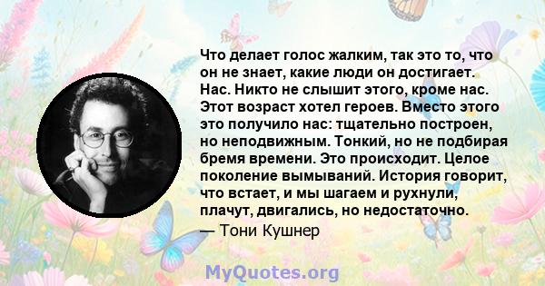 Что делает голос жалким, так это то, что он не знает, какие люди он достигает. Нас. Никто не слышит этого, кроме нас. Этот возраст хотел героев. Вместо этого это получило нас: тщательно построен, но неподвижным. Тонкий, 