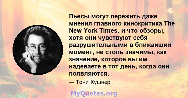 Пьесы могут пережить даже мнения главного кинокритика The New York Times, и что обзоры, хотя они чувствуют себя разрушительными в ближайший момент, не столь значимы, как значение, которое вы им надеваете в тот день,