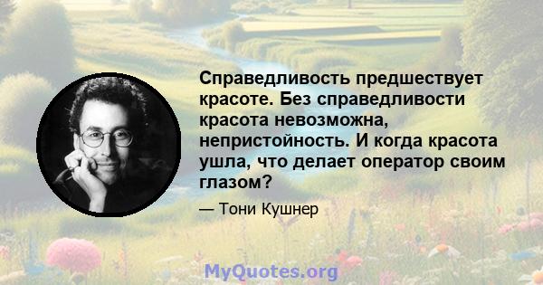 Справедливость предшествует красоте. Без справедливости красота невозможна, непристойность. И когда красота ушла, что делает оператор своим глазом?