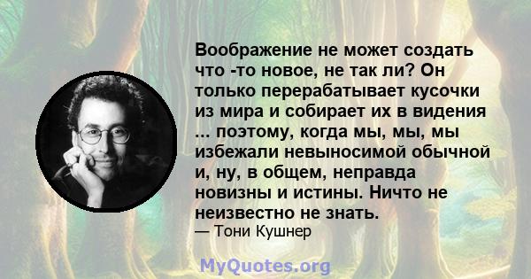 Воображение не может создать что -то новое, не так ли? Он только перерабатывает кусочки из мира и собирает их в видения ... поэтому, когда мы, мы, мы избежали невыносимой обычной и, ну, в общем, неправда новизны и