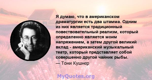 Я думаю, что в американском драматургии есть два штамма. Одним из них является традиционный повествовательный реализм, который определенно является моим напряжением, а затем другой великий вклад - американский