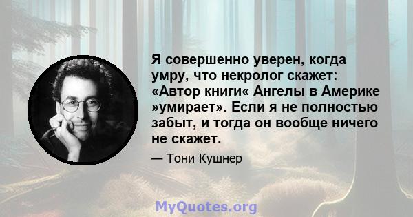 Я совершенно уверен, когда умру, что некролог скажет: «Автор книги« Ангелы в Америке »умирает». Если я не полностью забыт, и тогда он вообще ничего не скажет.