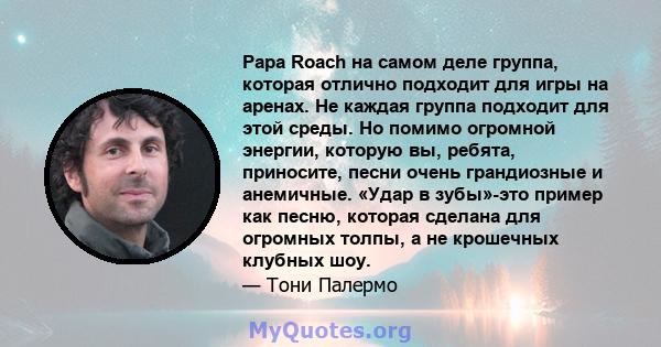 Papa Roach на самом деле группа, которая отлично подходит для игры на аренах. Не каждая группа подходит для этой среды. Но помимо огромной энергии, которую вы, ребята, приносите, песни очень грандиозные и анемичные.