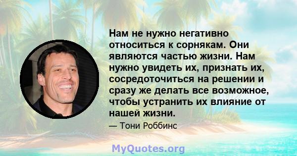 Нам не нужно негативно относиться к сорнякам. Они являются частью жизни. Нам нужно увидеть их, признать их, сосредоточиться на решении и сразу же делать все возможное, чтобы устранить их влияние от нашей жизни.