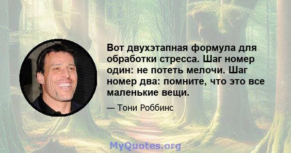 Вот двухэтапная формула для обработки стресса. Шаг номер один: не потеть мелочи. Шаг номер два: помните, что это все маленькие вещи.