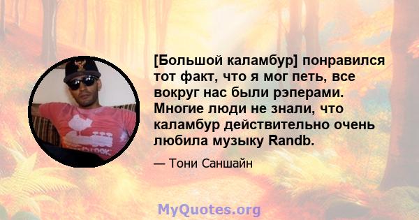 [Большой каламбур] понравился тот факт, что я мог петь, все вокруг нас были рэперами. Многие люди не знали, что каламбур действительно очень любила музыку Randb.