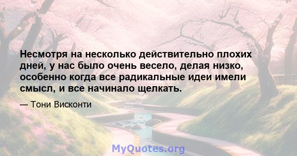 Несмотря на несколько действительно плохих дней, у нас было очень весело, делая низко, особенно когда все радикальные идеи имели смысл, и все начинало щелкать.