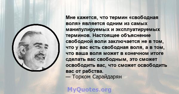 Мне кажется, что термин «свободная воля» является одним из самых манипулируемых и эксплуатируемых терминов. Настоящее объяснение свободной воли заключается не в том, что у вас есть свободная воля, а в том, что ваша воля 