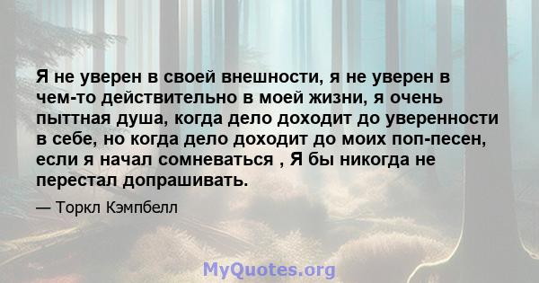 Я не уверен в своей внешности, я не уверен в чем-то действительно в моей жизни, я очень пыттная душа, когда дело доходит до уверенности в себе, но когда дело доходит до моих поп-песен, если я начал сомневаться , Я бы