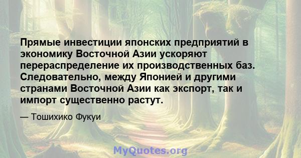 Прямые инвестиции японских предприятий в экономику Восточной Азии ускоряют перераспределение их производственных баз. Следовательно, между Японией и другими странами Восточной Азии как экспорт, так и импорт существенно