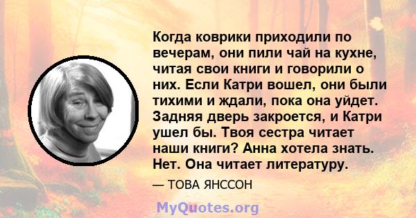 Когда коврики приходили по вечерам, они пили чай на кухне, читая свои книги и говорили о них. Если Катри вошел, они были тихими и ждали, пока она уйдет. Задняя дверь закроется, и Катри ушел бы. Твоя сестра читает наши