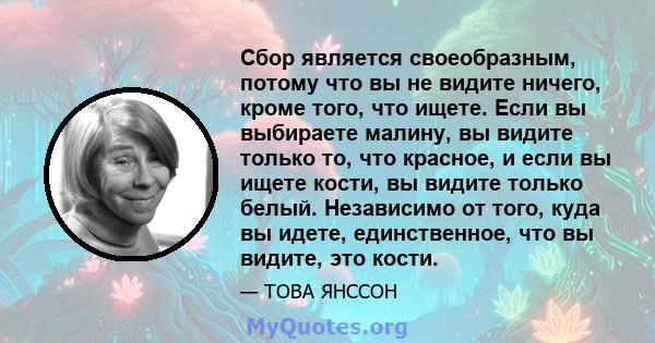 Сбор является своеобразным, потому что вы не видите ничего, кроме того, что ищете. Если вы выбираете малину, вы видите только то, что красное, и если вы ищете кости, вы видите только белый. Независимо от того, куда вы