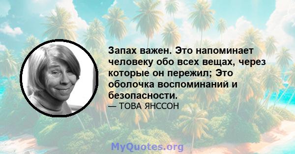 Запах важен. Это напоминает человеку обо всех вещах, через которые он пережил; Это оболочка воспоминаний и безопасности.